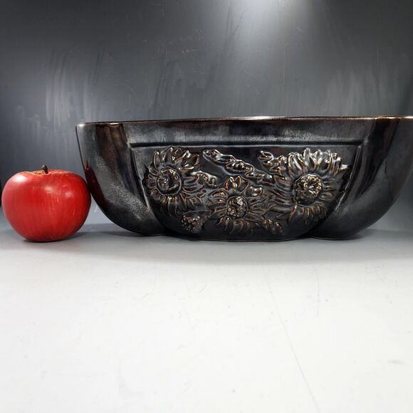 Large 14" Red Wing Pottery Sunflower Planter Brown w Yellow Interior #2018 VTG - Picture 3 of 10